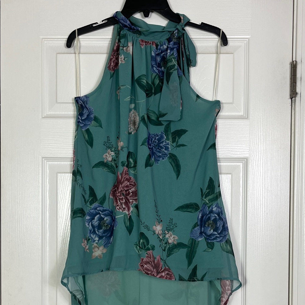 Sweet Pea Teal Floral Halter Blouse Sheer High-Low Top Size S